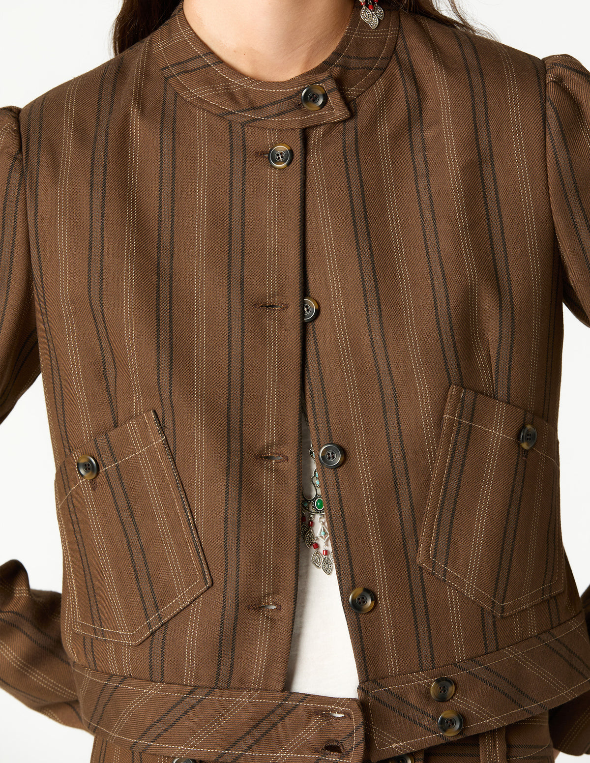 BROWN STRIPED JACKET WITH POCKETS AND BUTTONS