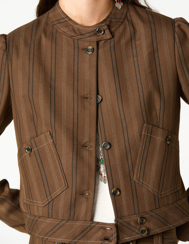 BROWN STRIPED BUTTONED POCKET JACKET