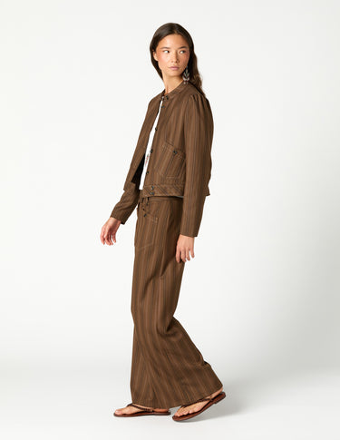 BROWN STRIPED BUTTONED POCKET JACKET