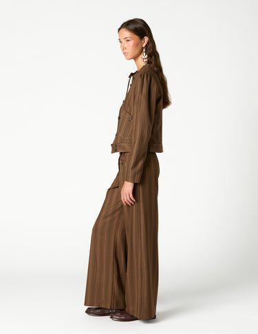 BROWN STRIPED BUTTONED POCKET JACKET