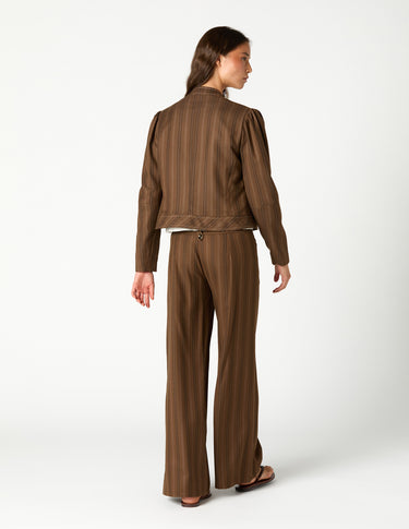 BROWN STRIPED BUTTONED POCKET JACKET