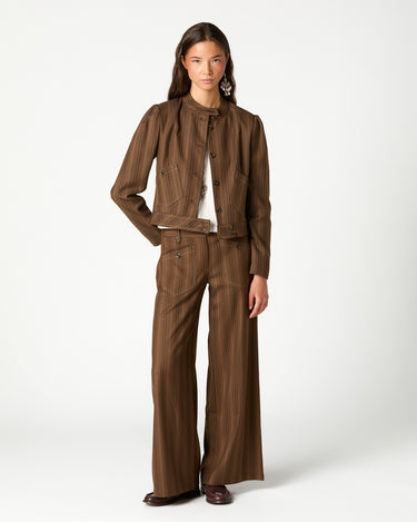 BROWN STRIPED POCKET BUTTON TROUSERS