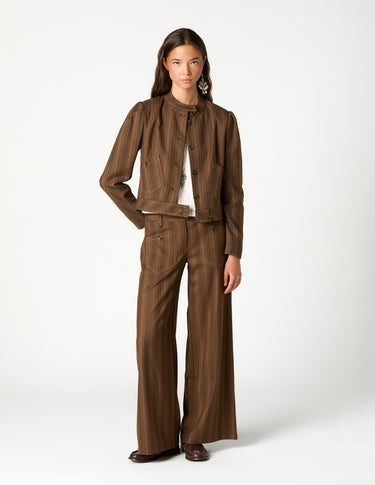 BROWN STRIPED POCKET BUTTON TROUSERS