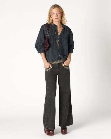 BLACK EMBROIDERED WAISTBAND TROUSERS