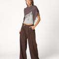 CHOCOLATE DENIM BUCKLE TROUSERS