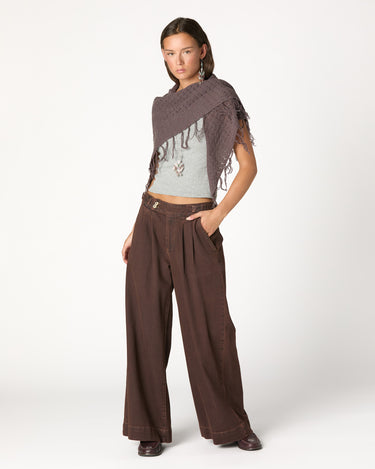 CHOCOLATE DENIM BUCKLE TROUSERS