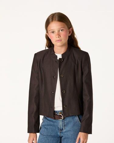 BROWN PINSTRIPE PLEATED BLAZER