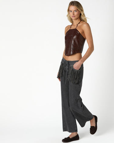 FRINGED ANTHRACITE DENIM PANTS