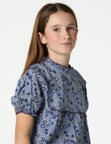 FLORAL PRINT SHIRT WITH BLUE STITCHING