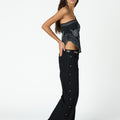 BLACK DENIM SIDE BUTTON FLOWER