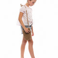 Gathered neck shirt with contrasting pink embroidery
