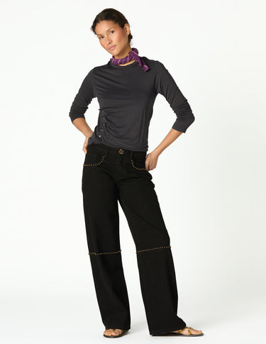 Anthracite Floral Button Studded Trousers