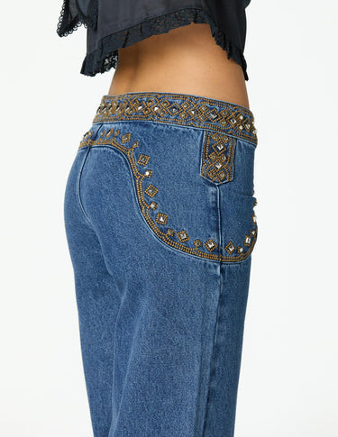 BLUE EMBROIDERED YOKE TROUSERS
