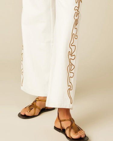 WHITE PANTS WITH EMBROIDERED TRIM
