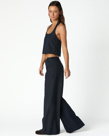 NAVY PINSTRIPE BUTTON-WAIST TROUSERS