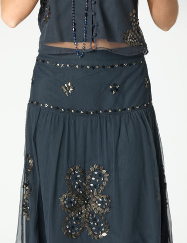 ANTHRACITE EMBROIDERED TULLE SKIRT