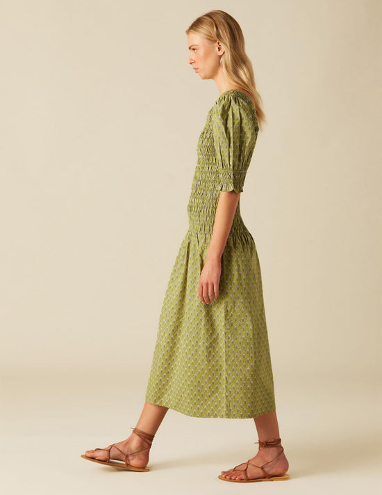 GATHERED DRESS BUTI GREEN LEAF