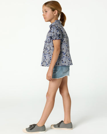 BLUE STITCHING FLORAL PRINT SHIRT