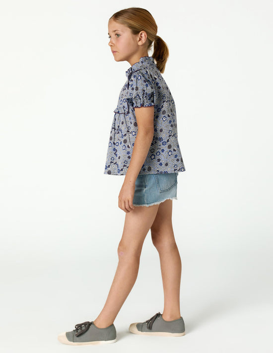 BLUE STITCHING FLORAL PRINT SHIRT