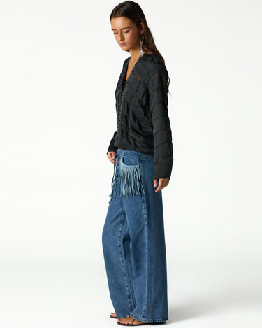 BLUE DENIM FRINGED PANTS