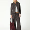 BROWN STRIPED MANDARIN COLLAR BLAZER