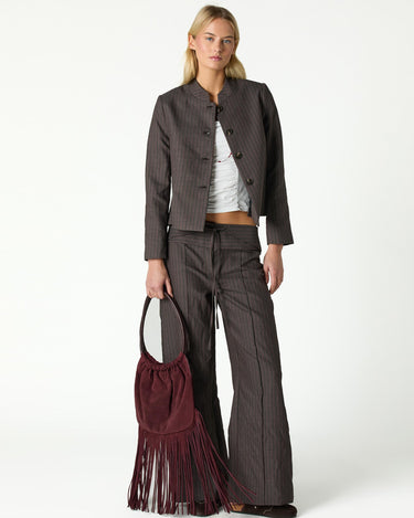 BROWN STRIPED MANDARIN COLLAR BLAZER
