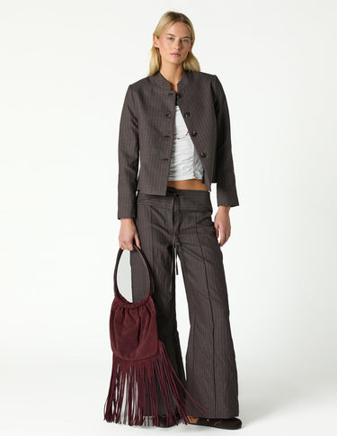 BROWN STRIPED MANDARIN COLLAR BLAZER