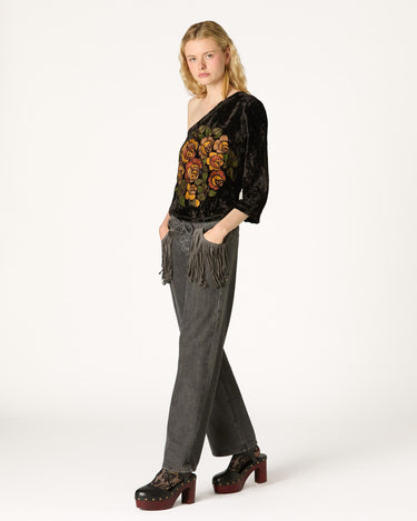 EMBROIDERED VELVET ASYMMETRICAL TOP
