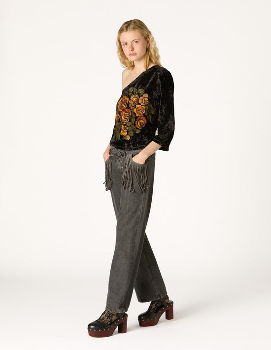 ASYMMETRICAL EMBROIDERED VELVET TOP