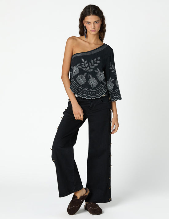 TOP ASIMETRICO NEGRO BORDADO