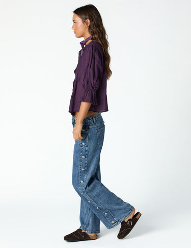 BLUE FLORAL SIDE BUTTON DENIM