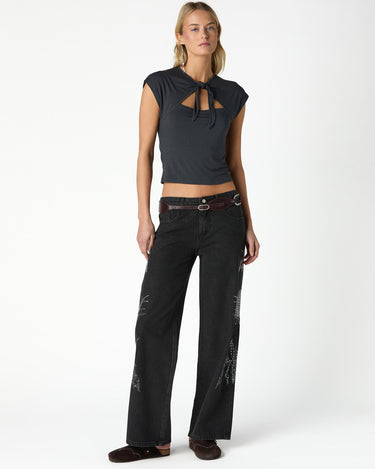 BLACK DENIM EMBROIDERED SEQUIN PANTS
