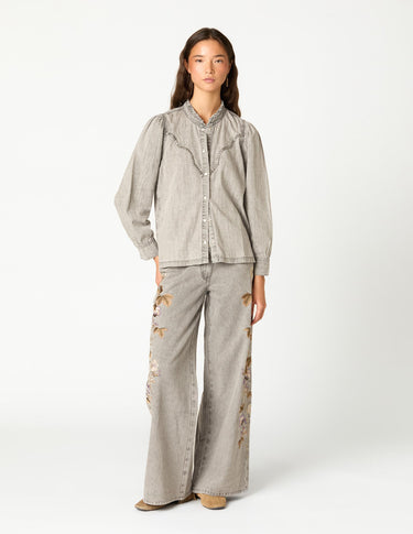 EMBROIDERED FLOWER TROUSERS LIGHT GREY