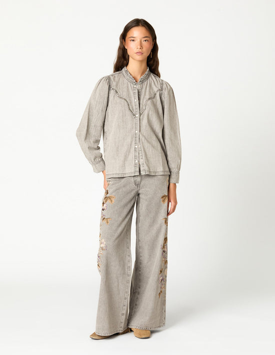 EMBROIDERED FLOWER TROUSERS LIGHT GREY