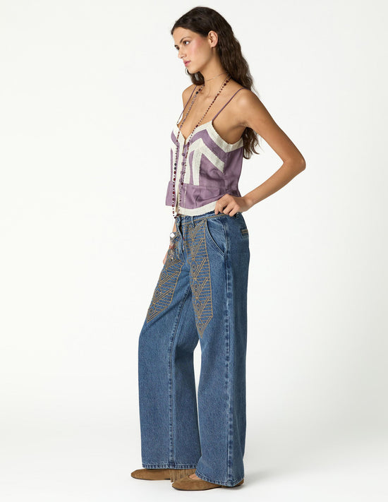 EMBROIDERED BLUE DENIM PANTS