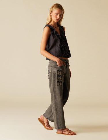 EMBROIDERED BUTTERFLY GRAY PANTS