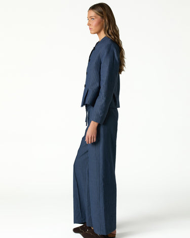 BLUE STRIPED MANDARIN COLLAR BLAZER