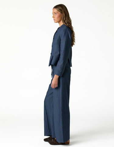 BLUE STRIPED MANDARIN COLLAR BLAZER