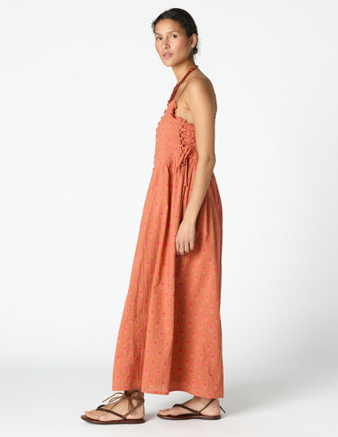 ORANGE BUTTI PRINT STRAPPY DRESS