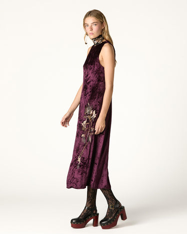 BURGUNDY EMBROIDERED VELVET DRESS