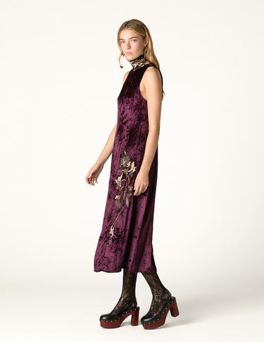 BURGUNDY EMBROIDERED VELVET DRESS