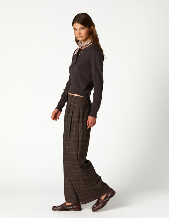 PANTALON PLIEGUE CUADRO MARRON
