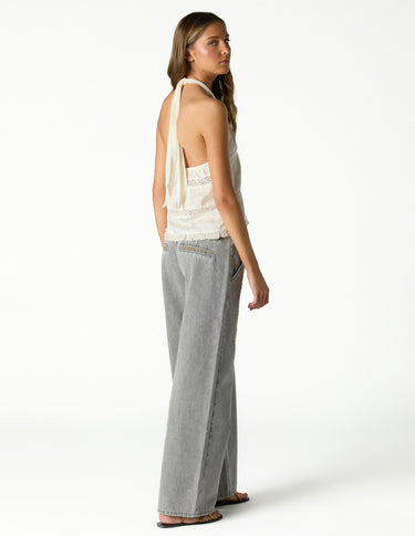 ECRU LACE STRAP SATIN KNOT TOP
