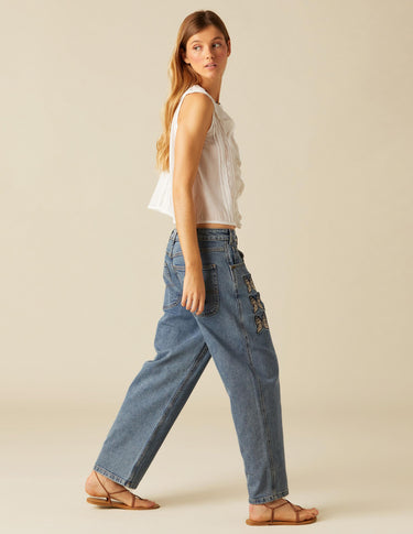 EMBROIDERED BUTTERFLY BLUE TROUSERS