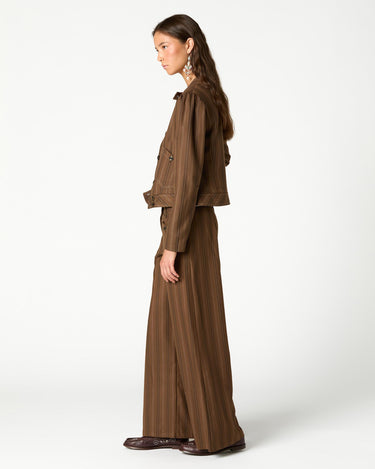 BROWN STRIPED POCKET BUTTON TROUSERS