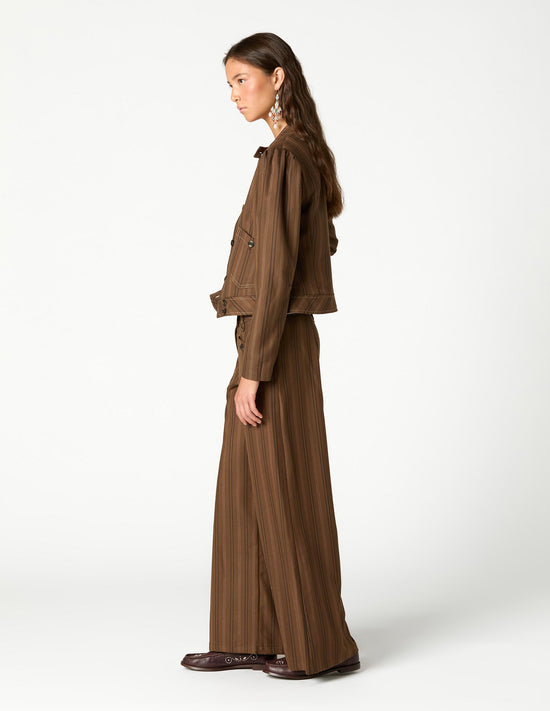 BROWN STRIPED POCKET BUTTON TROUSERS