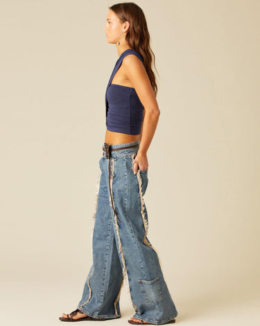 BLUE DOUBLE WAISTBAND TROUSERS