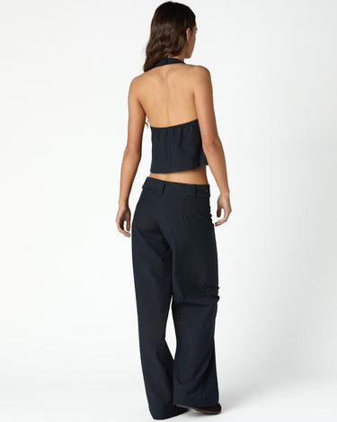 NAVY PINSTRIPE BUTTON-WAIST TROUSERS