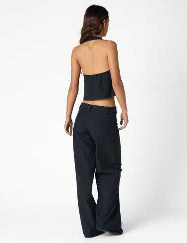 NAVY PINSTRIPE BUTTON-WAIST TROUSERS