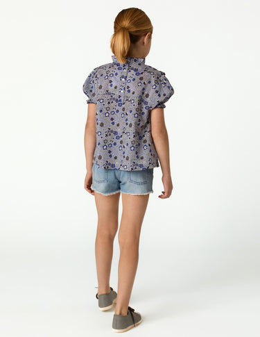 BLUE STITCHING FLORAL PRINT SHIRT